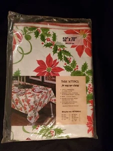 Vintage Vinyl Christmas Tablecloth Poinsettias Holly Flannel Backed 52 x 70 - Picture 1 of 6