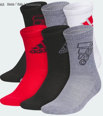 6 pares de calcetines Adidas Youth Cushion Crew negro blanco gris talla 2y-5y medianos Foto 1 de 4