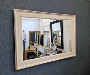 Modern Ivory Wood Frame Silver Edge Wall Mirror Bevelled Glass 106x76cm - Picture 1 of 8