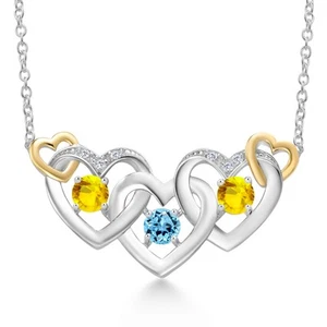 925 Silver and 10K Yellow Gold Swiss Blue Topaz Yellow Sapphire and White Lab - Picture 1 of 3