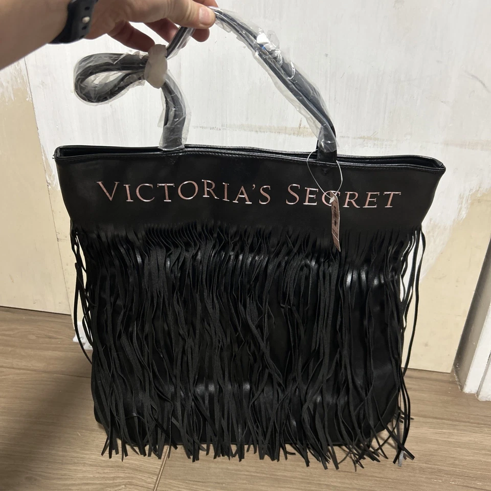 Victoria's Secret Black Faux Leather Fringe Tote Pink Spellout