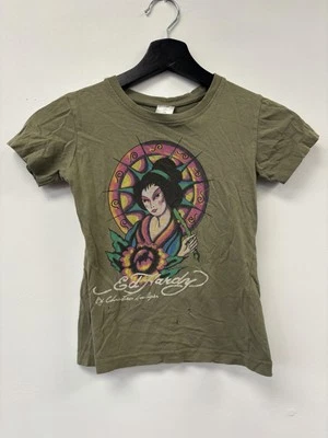 Camisa Ed Hardy Niños Grande Verde Geisha Tatuaje Gráfico Camiseta Christian Audigier Foto 1 de 4