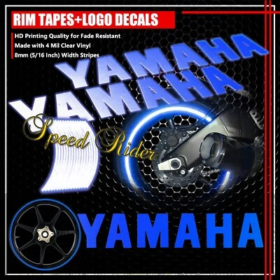 CINTA DE LLANTA REFLECTANTE AZUL RAYA DE RUEDA DE BICICLETA + LOGOTIPO DE YAMAHA DE 8" + CALCOMANÍA DE LETRAS 16 17 18 Foto 1 de 4