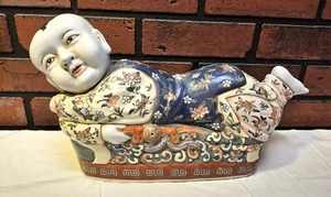 Antique Porcelain Chinese Boy Figural Pillow Hand Painted Antiquity - Picture 1 of 9