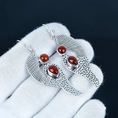 Unico Corniola Gemma a Mano Orecchini Pendenti 925 Argento Sterling Gioielli - Immagine 1 di 4