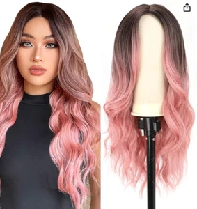 Nueva Peluca Aomuco Ombre Rosa Para Mujer Larga Rizada Ondulada Parte Media Peluca Pelo Sintético - Imagen 1 de 6
