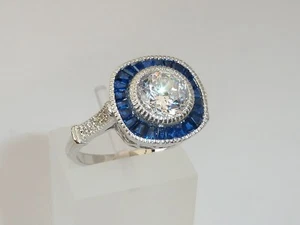 Señoras Art Deco Halo Style Plata de ley 925 Blanco y azul Anillo de zafiro - Imagen 1 de 9