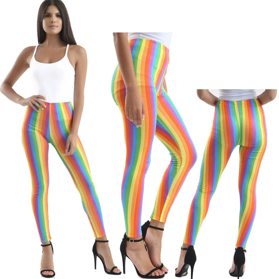 NUEVO ARCO IRIS RAYAS NEÓN LEGGINGS DAMAS NIÑA PAYASO ORGULLO GAY ACCESORIO CARNAVAL Foto 1 de 1