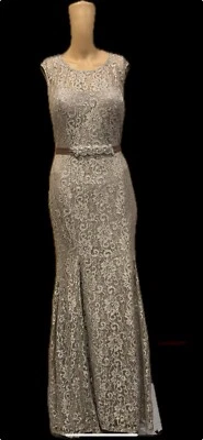 Betsy & Adam Metallic Silver Lace Beaded Belt Open Back Fishtail Hem Dress SZ 8 - Image 1 of 4