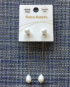 World Market Nickel Free Pearl Freshwater Pearl / Gold Long Drop Earrings - Picture 1 of 3