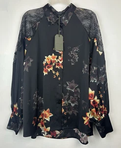 Camicia AllSaints Oana Stargazer donna 10 nera floreale stravagante pizzo trasparente nuova - Foto 1 di 16