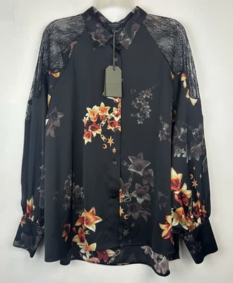 Camisa AllSaints Oana Stargazer para mujer 10 negra floral caprichosa encaje transparente nueva Foto 1 de 4