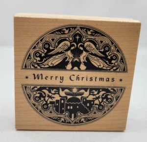 Merry Christmas circle design wood rubber stamp Inkadinkado Bethlehem angels - Picture 1 of 8