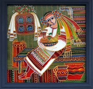 Pintura popular tradicional ucraniana sobre vidrio hecha a mano decoración de pared enmarcada 18x18 cm - Imagen 1 de 4
