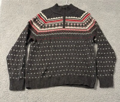 J Crew Mercantile M Gray Red Fair Isle Quarter Zip Lambs Wool Blend Sweater - Image 1 of 4