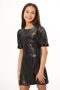 NUEVO Vestido Les Tout Petits Niñas Grandes Negro Brillante Mangas Cortas Vacaciones 12 14 - Imagen 1 de 1