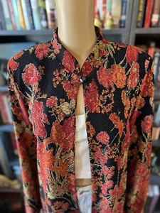 Black Orange Red Floral Cardigan Single Button Jacket Made In USA Sz M - Picture 1 of 11