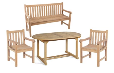 4-teilige Holz Tischgruppe Garten Sitzgruppe Ausziehtisch Bank Stuhl Teak - Bild 1 von 4