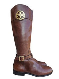 Botas de montar TORY BURCH Patterson altas de cuero marrón con logotipo hasta la rodilla talla 7,5 - Imagen 1 de 7