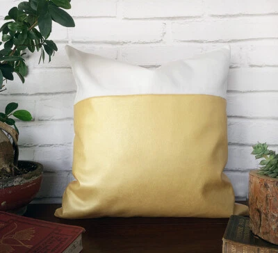 Christmas gold faux leather-white cotton pillow couch cushion cover 16''x16'' - Image 1 of 4