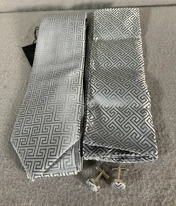 Barry Wang Geometric 100% Silk Neck Tie 59" Set Scarf Cuff Links - Picture 1 of 5