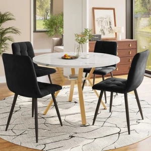 Round Kitchen Dining Table With Marble Look and 4 Black Tufted Velvet Chairs Set - Picture 1 of 14