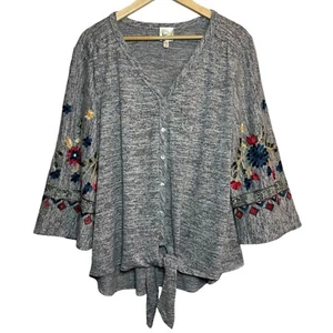 Fig & Flower Top blouse Womens 2X Tie Front MOP Buttons Stretch Embroidered Boho - Picture 1 of 18