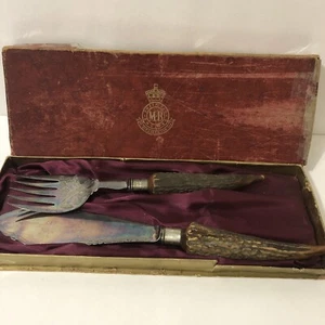 Antique Sheffield Silver Fish Servers with Antler Handles in Original Case - Picture 1 of 18