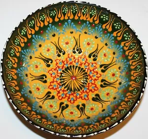 Ciotola ceramica floreale rialzata Iznik turca 8" x 3" gialla e verde fatta a mano - Foto 1 di 3