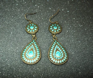 Dangle Earrings Teardrop Turquoise Enamel Bronze Tone 2 1/4" Long Fish Hook Wire - Picture 1 of 2
