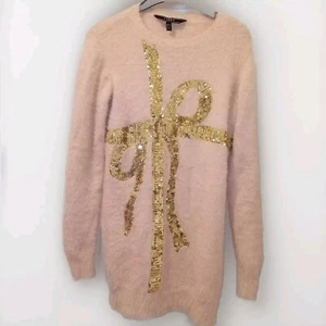New Gorgeous Lipsy Pink Sequin Gold Bow Fluffy Jumper Dress Size 8 Look - Picture 1 of 6