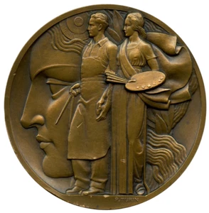 FRANKREICH 1937 AUSSTELLUNG KUNST & TECHNIKEN ART DECO MEDAILLE, TURIN 68mm 147g - Bild 1 von 5