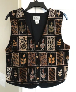 Gilet moda nero velluto a coste stampe animalier e foglie ricamate S BOHO TanTrums - Foto 1 di 5