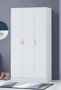 3 Door Wardrobe Clothes Storage Cupboard Closet Hanging Rail Shelves White - Picture 1 of 10