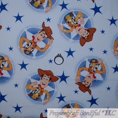 BonEful FABRIC FQ Cotton Quilt White Blue Red Toy Story Movie Woody Sheriff Star - Image 1 of 4
