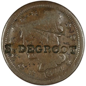 1844 Braided Hair Large Cent, "S. DEGROOT" Counterstamp, Brunk D-245 - Picture 1 of 3