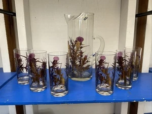 Vintage Gregory Duncan Purple THISTLE 22k Gold 6 Highball Glasses & Pitcher - Picture 1 of 10
