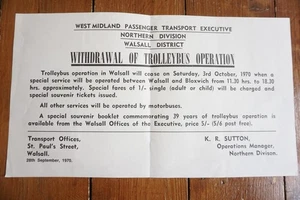 1970 Walsall Withdrawl of Trolleybus Operation Bus Tram Poster - Picture 1 of 3