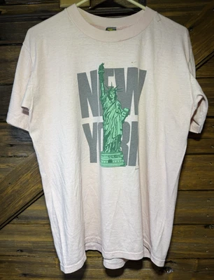 80s NEW YORK Statue of Liberty Shirt Russell Jerzees Single Stitch Pink Large - Image 1 of 4