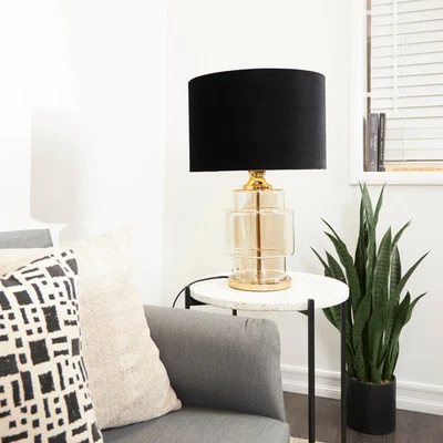 Gold Glass Transparent Base Room Table Lamp with Drum Shade - Image 1 of 4