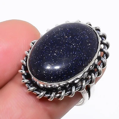 Кольцо из стерлингового серебра 925 пробы с натуральным голубым солнечным камнем размер 6,5 K711 - Изображение 1 из 4