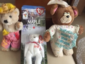 Vintage McDonalds MAPLE The Bear, TY Beanie Baby 1998 NIB & Chicken Farmer Bear - Picture 1 of 6