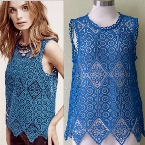 DELETTA Anthropologie Scalloped Hem Teal Blue Crochet Lace  Sleeveless Top XS - Picture 1 of 10