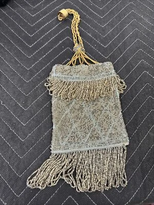Vintage 1920's Blue & Silver Bead Flapper Art Deco Purse, Gold Handle - Image 1 of 4