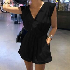 Womens V Neck Backless Sleeveless Jumpsuit Casual Shorts Overall Elastic Waist