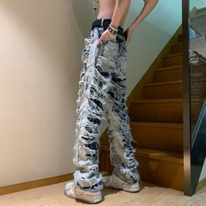 Herren Punk Jungen blau Denim Jeans gerades Bein gerissene Löcher Quasten Hose Trousers - Bild 1 von 8