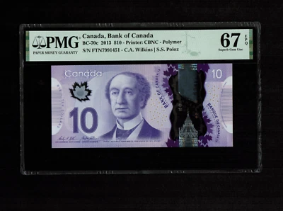 Canada $10 2013 Prefix FTN Changeover Wilkins/Poloz PMG 67 Sup. Gem UNC EPQ - Image 1 of 2