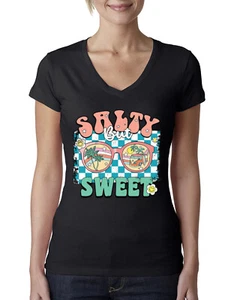 Retro Salty But Sweet Sunglasses Van Checkered Women Junior Fit VNeck Tee - Picture 1 of 10