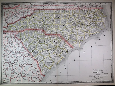 Mapa del condado y ferrocarril Cram Atlas 1888 ~ Carolina del Norte y del Sur ~ (XL17x23) #558 Foto 1 de 4