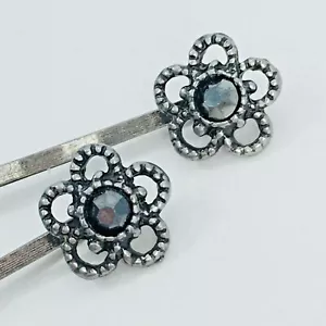 Flower Bobby Pin Pair Black Rhinestone Silver Tone Filigree Daisy Sealed Vintage - Picture 1 of 6